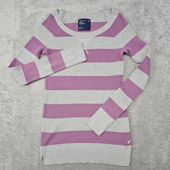 American Eagle Y2K Slim Fit Striped Waffle Knit Sweater Twilight Inspired Medium - Picture 2 of 8